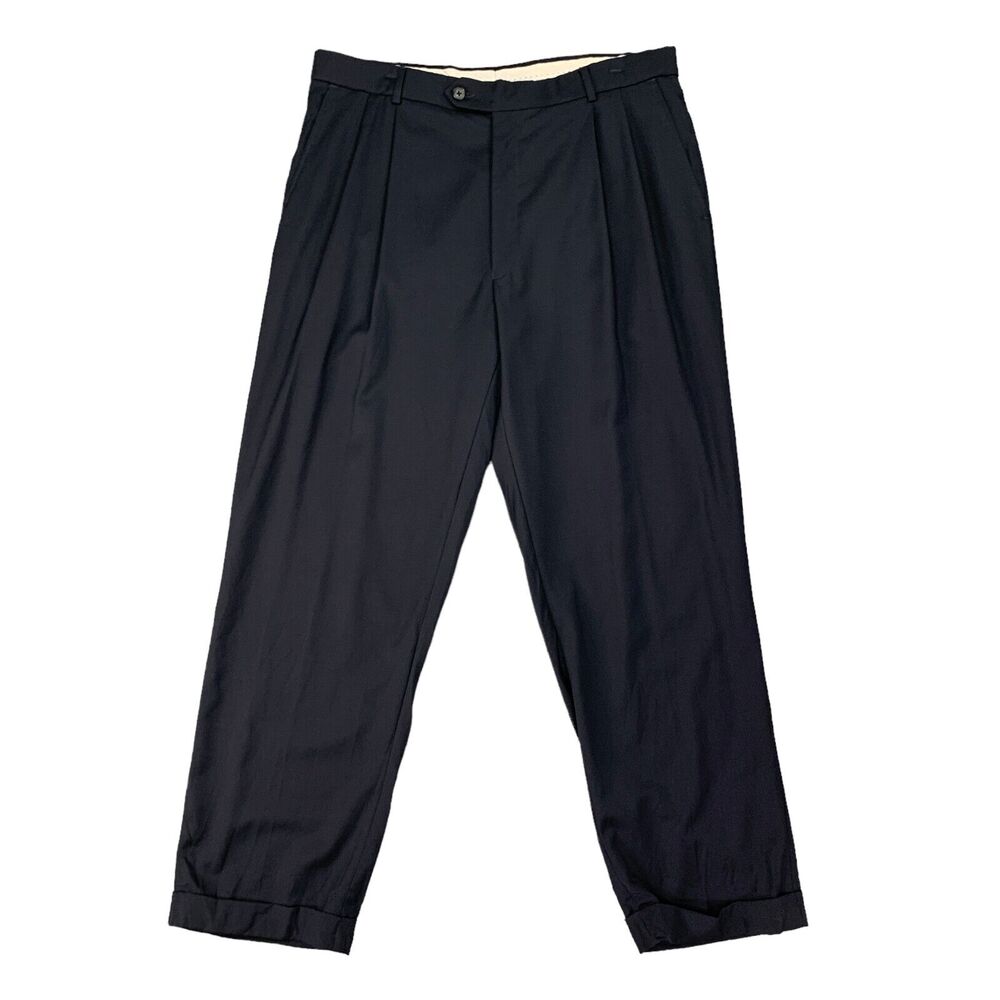 Vintage Patrick James Pleated Dress Pants Mens 34 Navy Blue Wool Relaxed Fit EZE